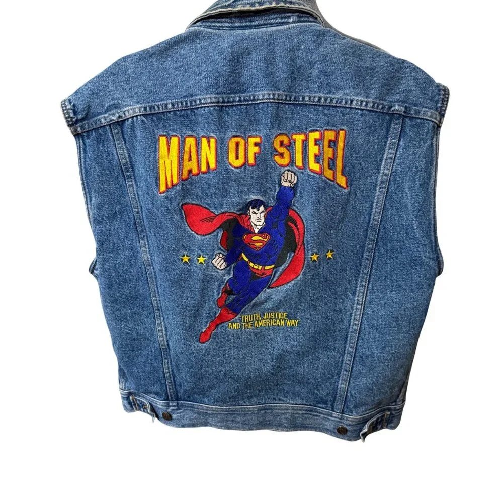 Vintage DC Superman Denim Vest Medium Mens Embroidered Man Of Steel Design - Picture 5 of 7